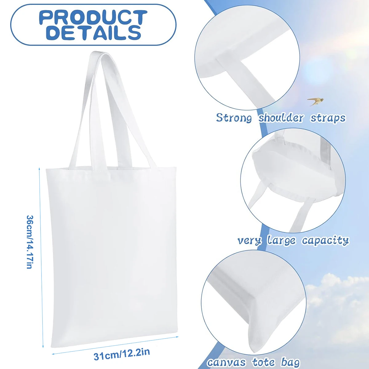 6pcs White Canvas Tote Bags, S - Tote Bag Sublimation 리뷰 및 가격